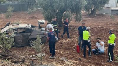 Kilis’te, kontrolden çıkan bir otomobil zeytin ağaçlarını biçerek hurdaya dönerken,