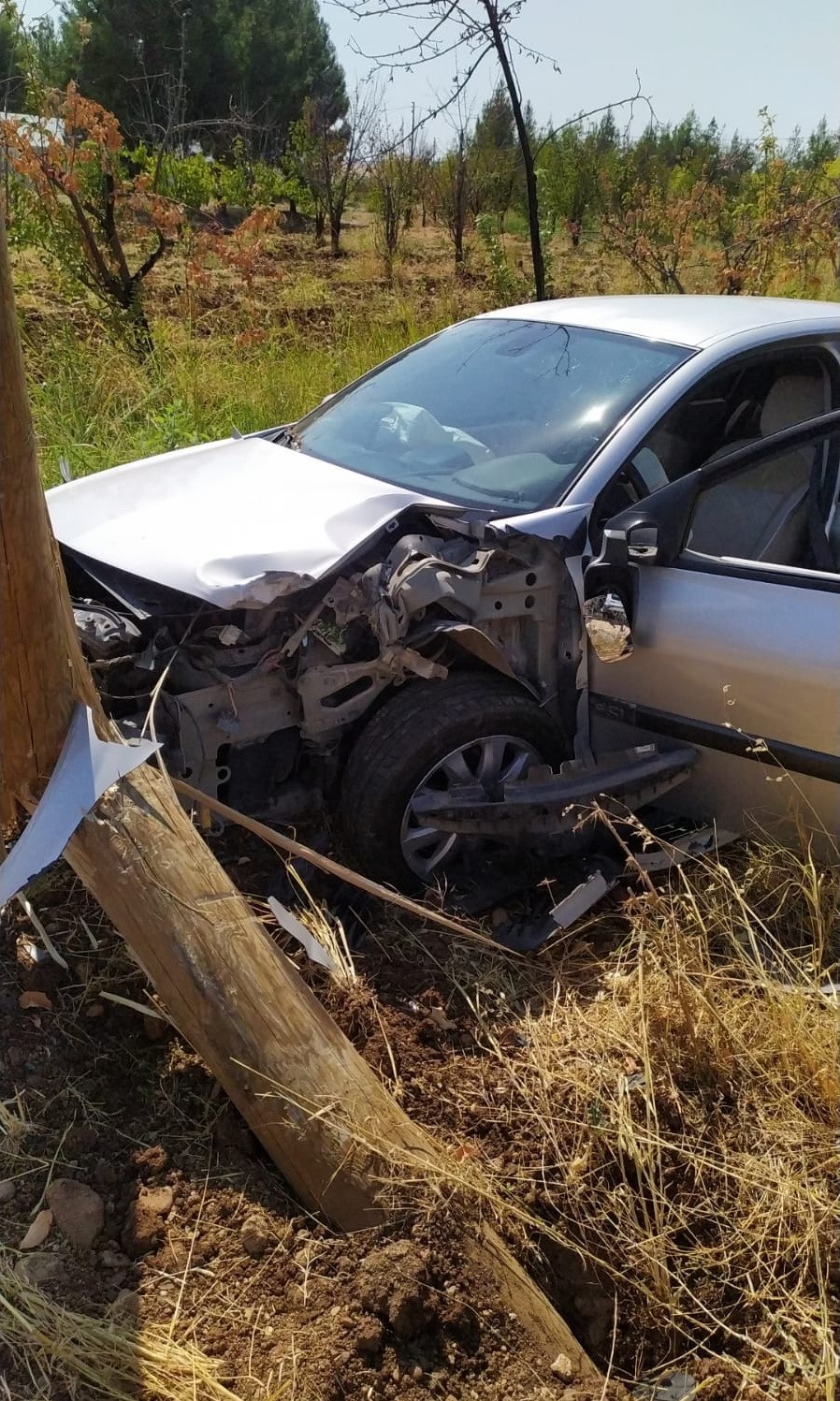 Adıyaman’da kontrolden çıkan bir otomobil, tarladaki elektrik direğine çarparak durdu.
