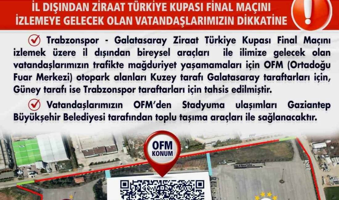 Türkiye Kupası finaline araçlarıyla gelecek taraftarlar için Gaziantep’teki otopark alanları belirlendi Gaziantep'te oynanacak Ziraat Türkiye Kupası finalinde Trabzonspor ve Galatasaray taraftarları