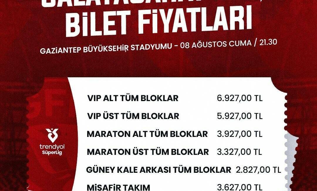 Gaziantep FK – Galatasaray maçı biletleri satışa çıkıyor Gaziantep Futbol Kulübü'nün, Trendyol Süper Lig 2025-2026 sezonuna açılış maçı