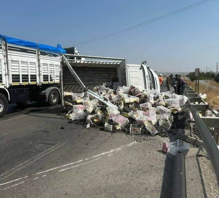 Gaziantep'in İslahiye ilçesinde bir kamyonetin lastiği patlayarak yol kenarına devrilmesi