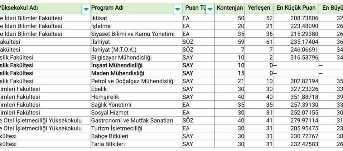 ÖSYM'nin 2025 YKS yerleştirme sonuçlarına göre Şırnak Üniversitesi'nde İnşaat Mühendisliği