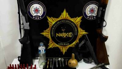 Adıyaman’ın Gölbaşı ilçesinde düzenlenen operasyonda uyuşturucu madde, silah ve fişek