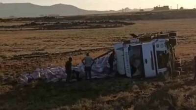 Mardin'in Kızıltepe ilçesinde bir tırın şarampole devrilmesi sonucu sürücü yaralandı.