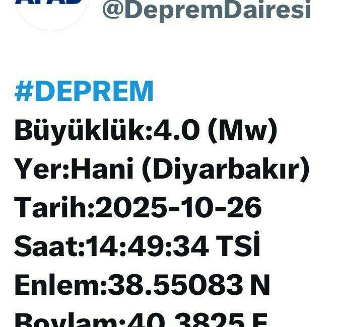 Diyarbakır’da korkutan deprem Diyarbakır'ın Hani ilçesinde 4.0 büyüklüğünde bir deprem meydana geldiğine dair