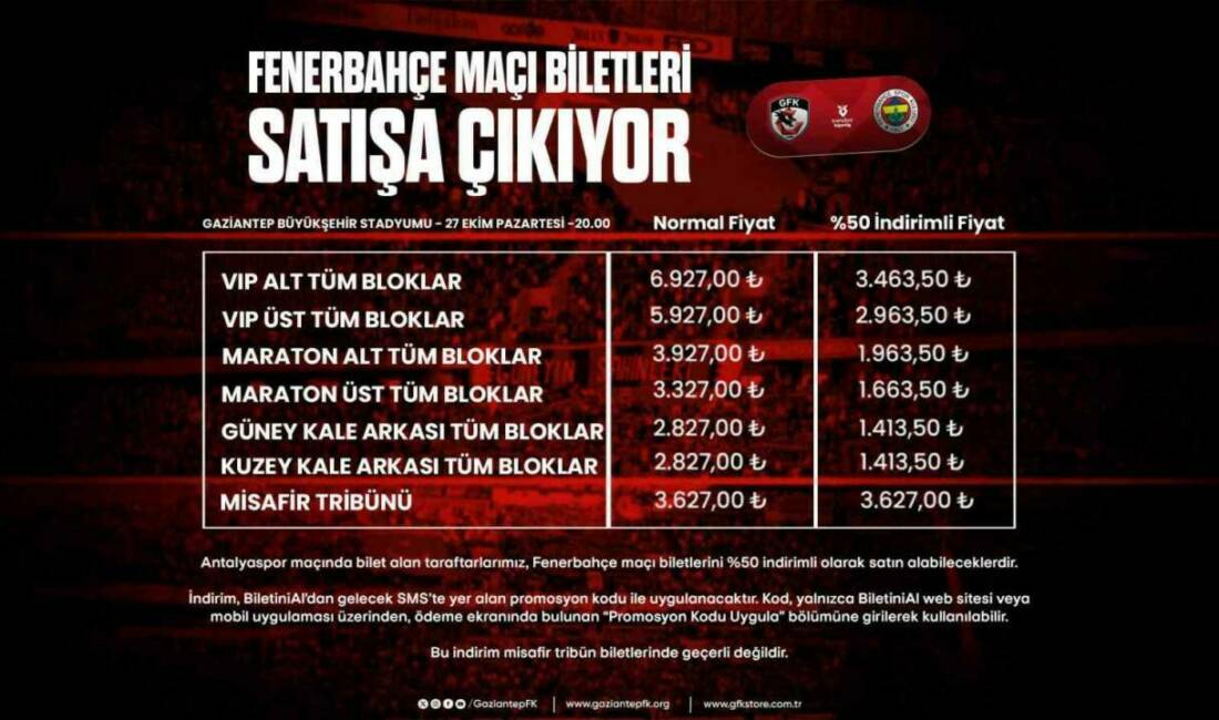 Gaziantep FK – Fenerbahçe maçı biletleri satışta çıkıyor Gaziantep Futbol Kulübü, Süper Lig'in 10. haftasında sahasında Fenerbahçe ile