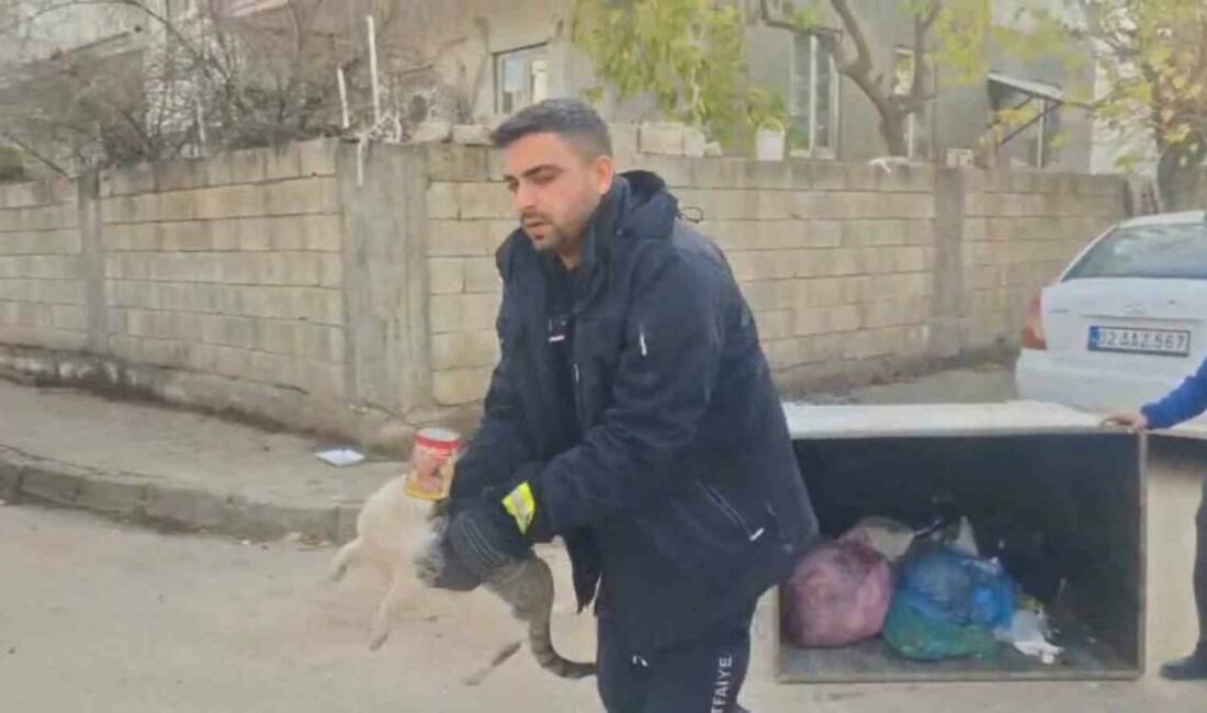 Adıyaman Belediyesi İtfaiye Müdürlüğü ekipleri, kent merkezinde konserve kutusuna sıkışan