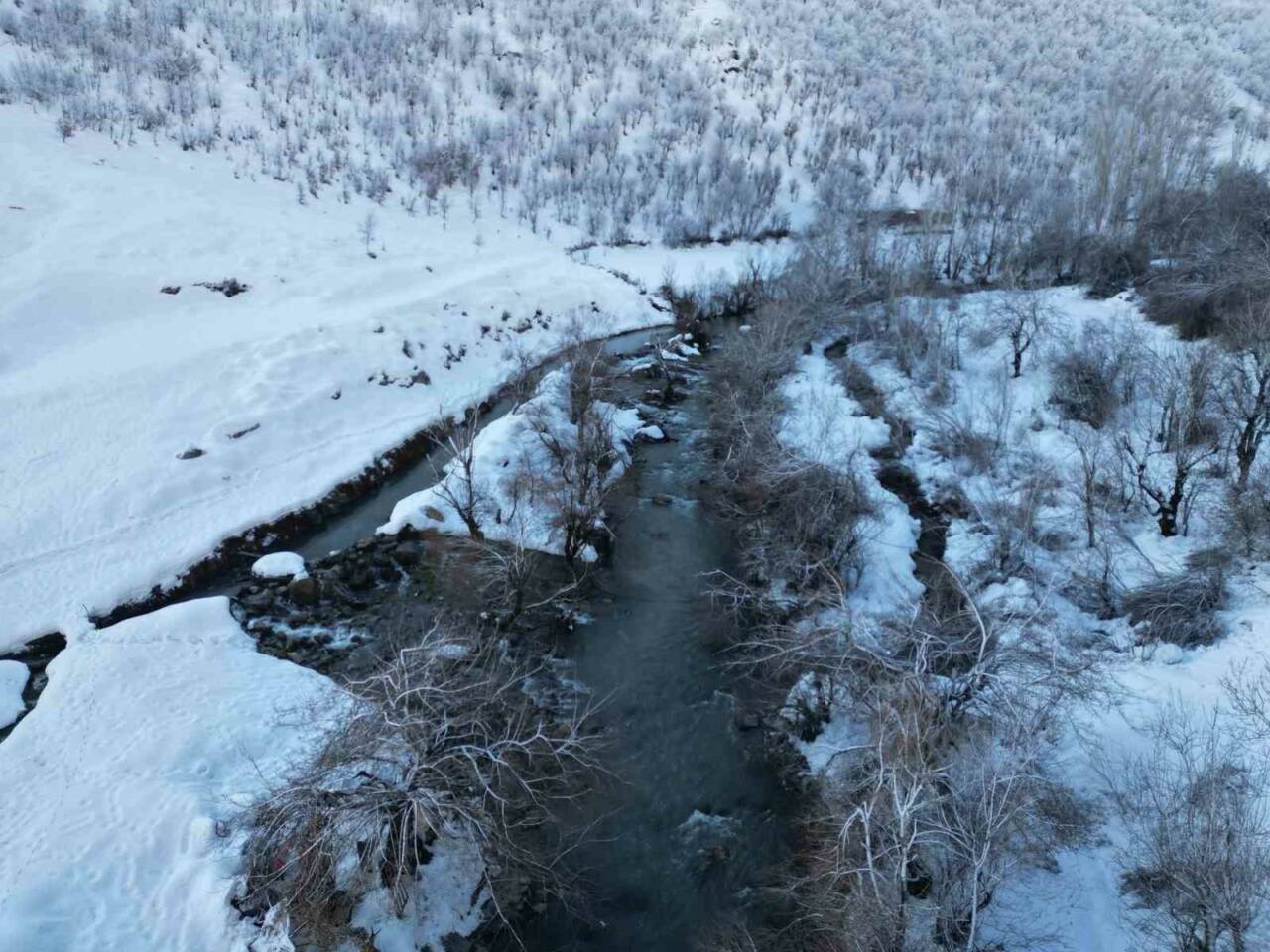 Şırnak’ın Beytüşşebap ilçesinde etkili olan dondurucu soğuklar nedeniyle dereler buz