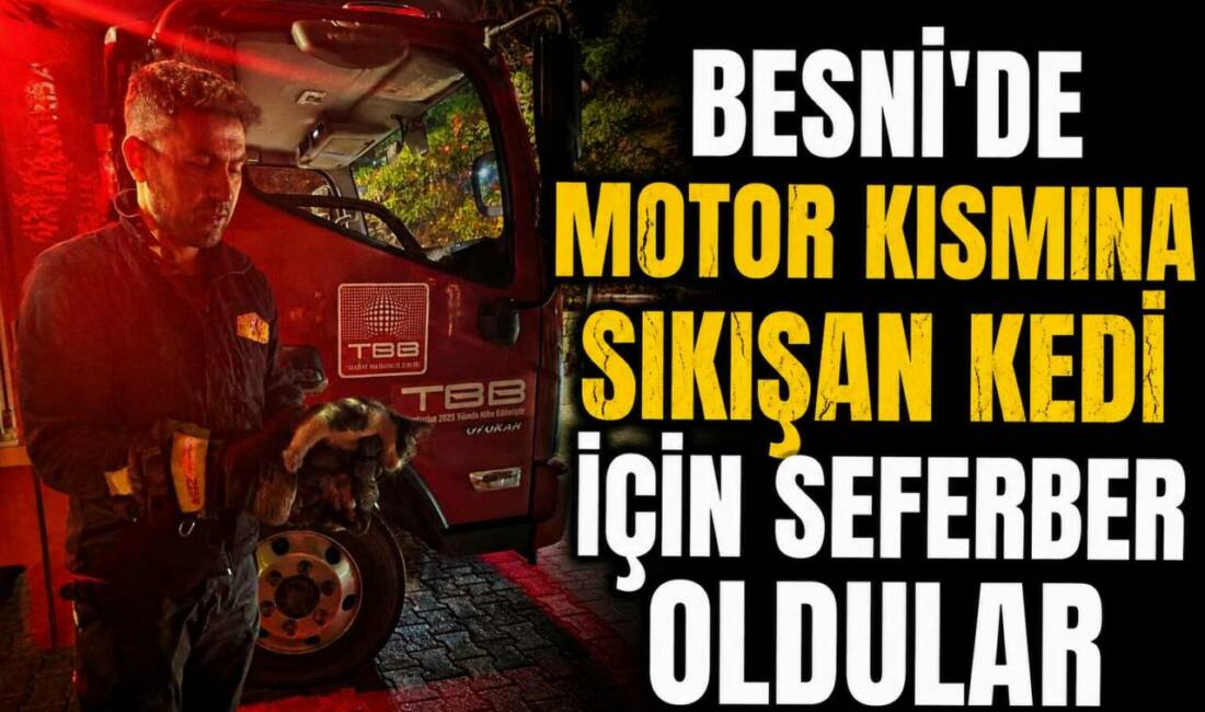Besni Kartal Kavşağı civarında bir aracın motor bölümüne sıkışan kedi,