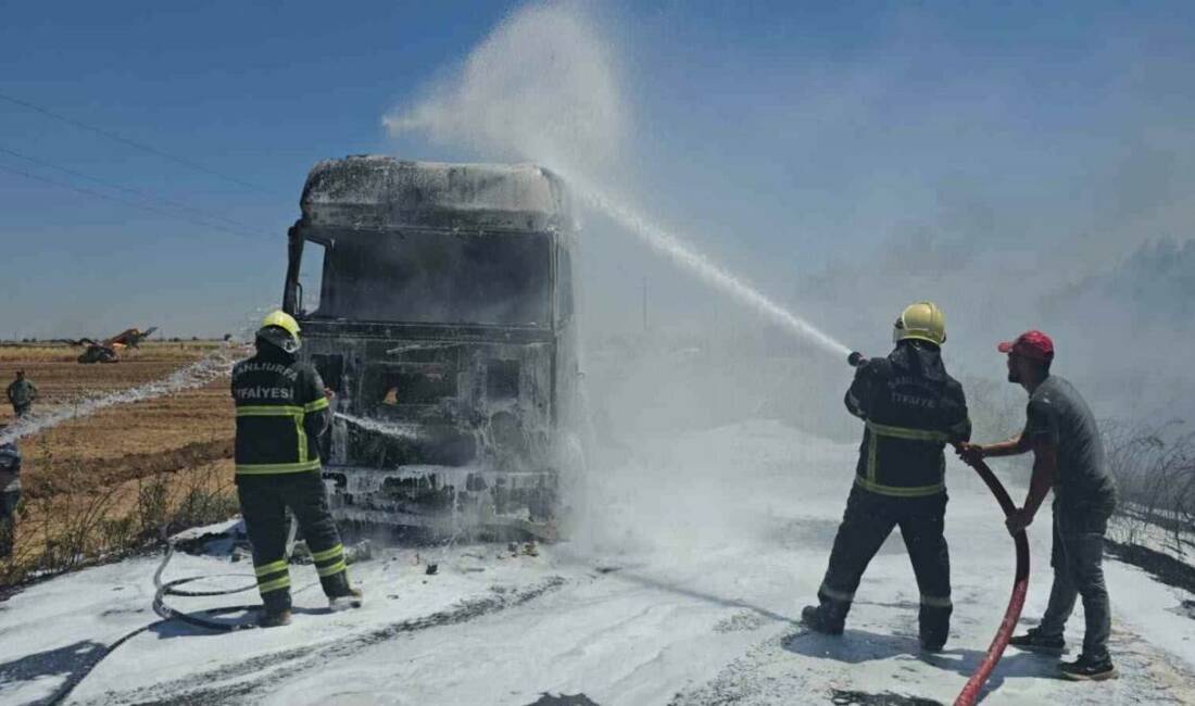 Şanlıurfa’nın Eyyübiye ilçesinde saman yüklü tırda çıkan yangın, itfaiye ekiplerince