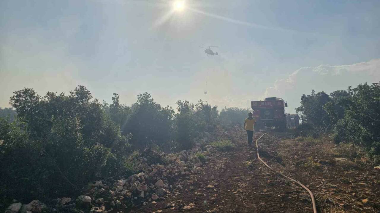 Gaziantep’in Nurdağı ilçesinde çıkan orman yangını, havadan ve karadan yapılan