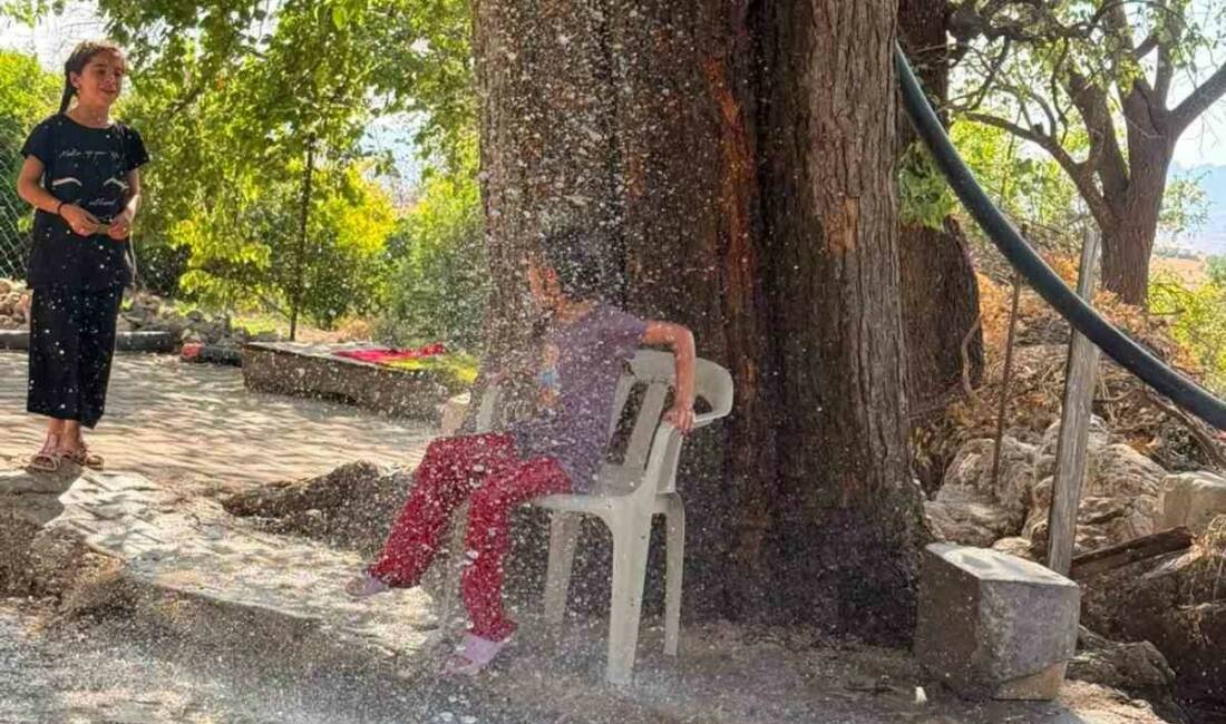 Diyarbakır’ın Çermik ilçesinde sıcaktan bunalan vatandaş, çözümü ağaçtan sarkıttığı hortumdan