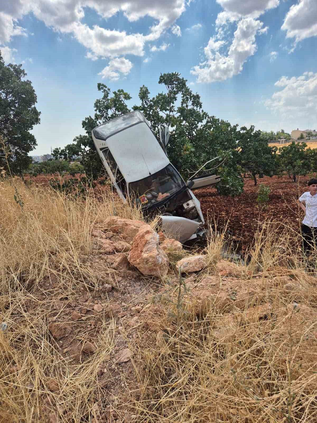 Şanlıurfa’da 2 kişinin yaralandığı trafik kazasında otomobil fıstık ağacında asılı
